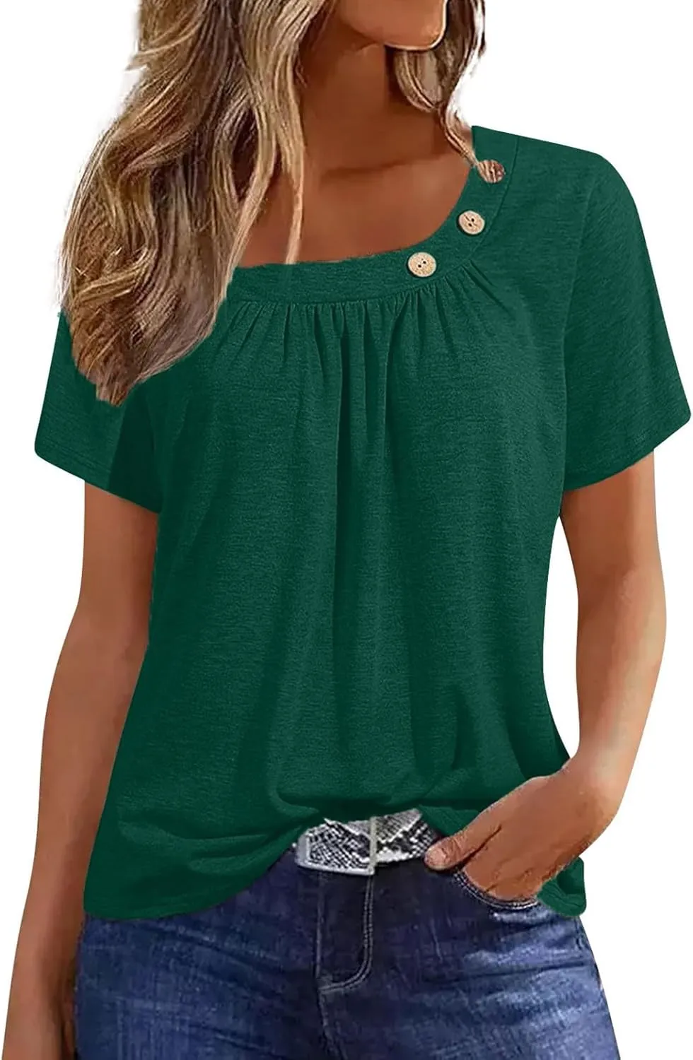 Summer Tops for Women 2025 Short Sleeve Shirts Dressy Casual Loose Fitted T-Shirts Button Decor Plain Tunic Tops Blouse