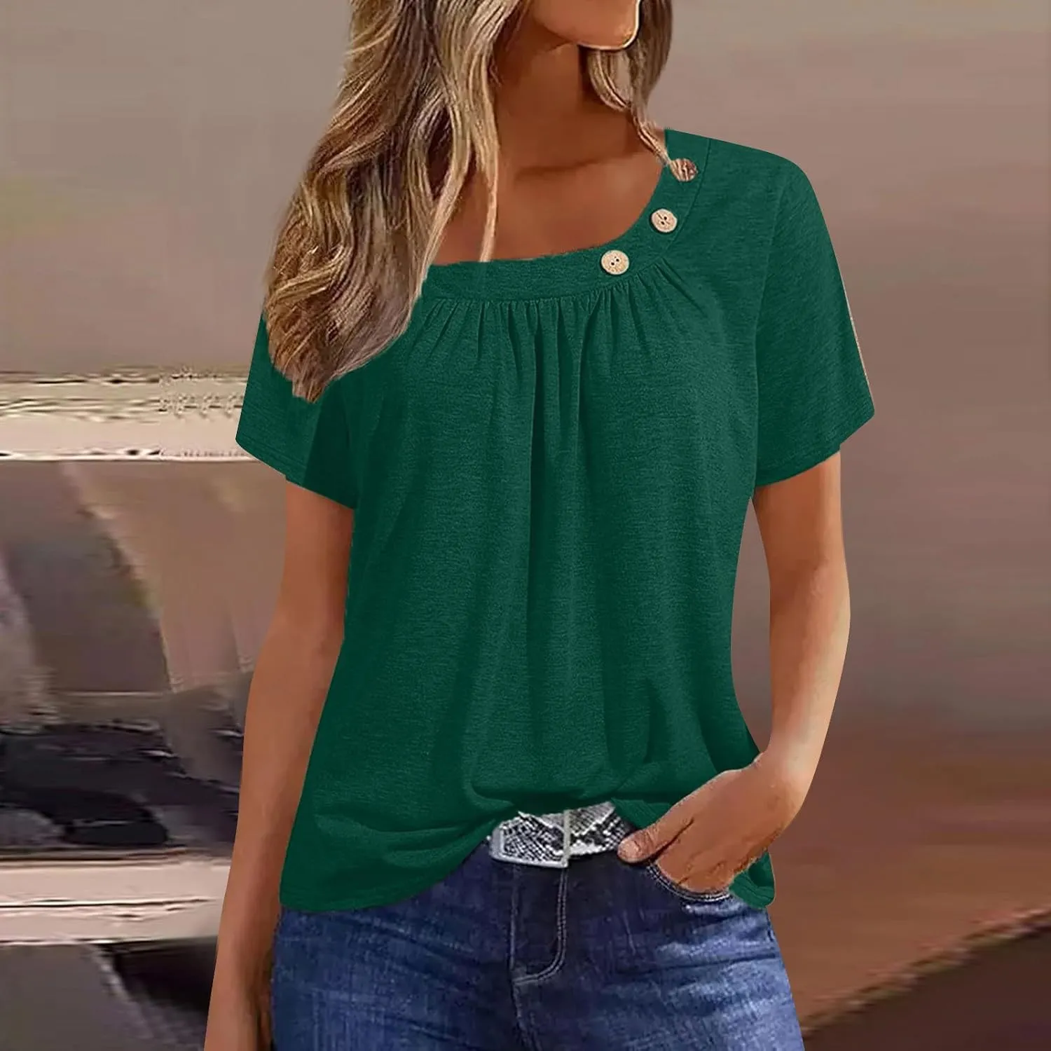 Summer Tops for Women 2025 Short Sleeve Shirts Dressy Casual Loose Fitted T-Shirts Button Decor Plain Tunic Tops Blouse