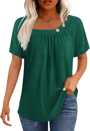 Summer Tops for Women 2025 Short Sleeve Shirts Dressy Casual Loose Fitted T-Shirts Button Decor Plain Tunic Tops Blouse