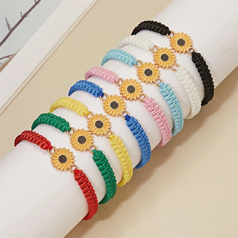 Sunflower Bracelets Adjustable Boho Sunflower Daisy Charm Bracelets Handmade Braided Rope Friendship Matching Bracelets Promise Bracelets for Couples Women Friends Summer Jewelry