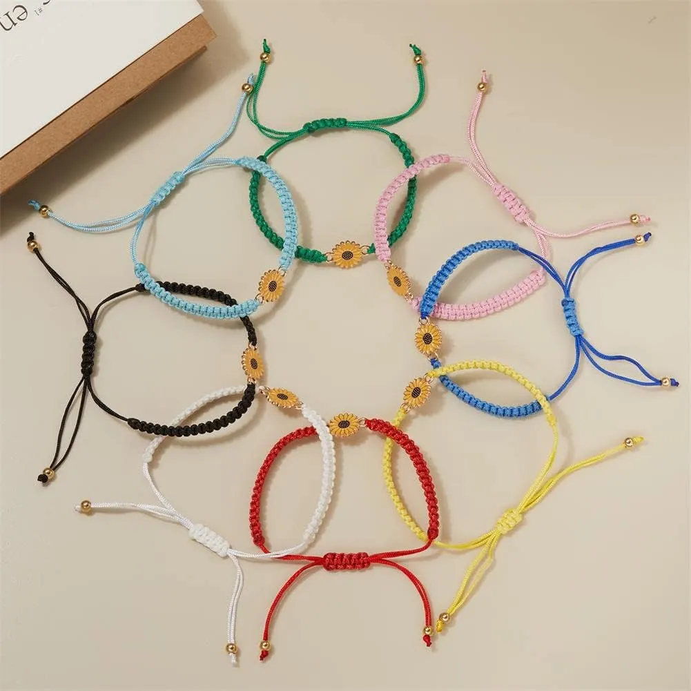 Sunflower Bracelets Adjustable Boho Sunflower Daisy Charm Bracelets Handmade Braided Rope Friendship Matching Bracelets Promise Bracelets for Couples Women Friends Summer Jewelry
