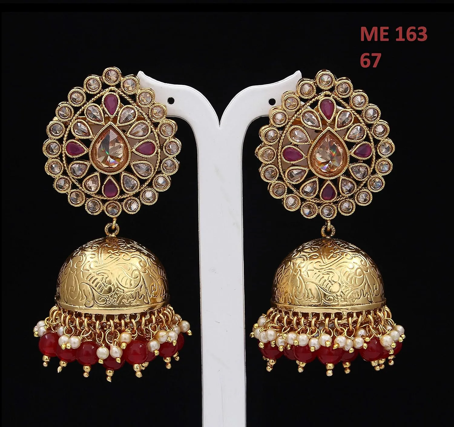 SURAYGEMS Traditional Jhumki 18K Gold Plated Pearls Kundan and Meenakari Work Embellished Designer Jhumka Earrings for Women