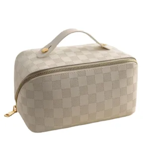 SURURA Large Capacity Cosmetic Bag Portable Leather Travel Makeup Pouch Women Multifunction Waterproof Bathroom Washbag Toiletry (White)
