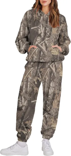 Sweat Suits for Womens Camo Hoodie 2 Piece Long Sleeve Camo Sweatshirt Wide Leg Sweatpants Track Suit Y2k Hoodies