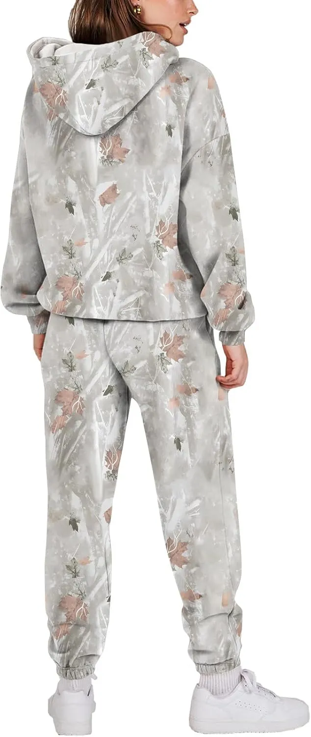 Sweat Suits for Womens Camo Hoodie 2 Piece Long Sleeve Camo Sweatshirt Wide Leg Sweatpants Track Suit Y2k Hoodies