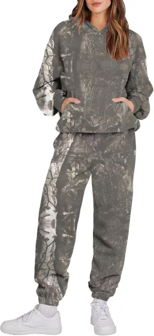 Sweat Suits for Womens Camo Hoodie 2 Piece Long Sleeve Camo Sweatshirt Wide Leg Sweatpants Track Suit Y2k Hoodies