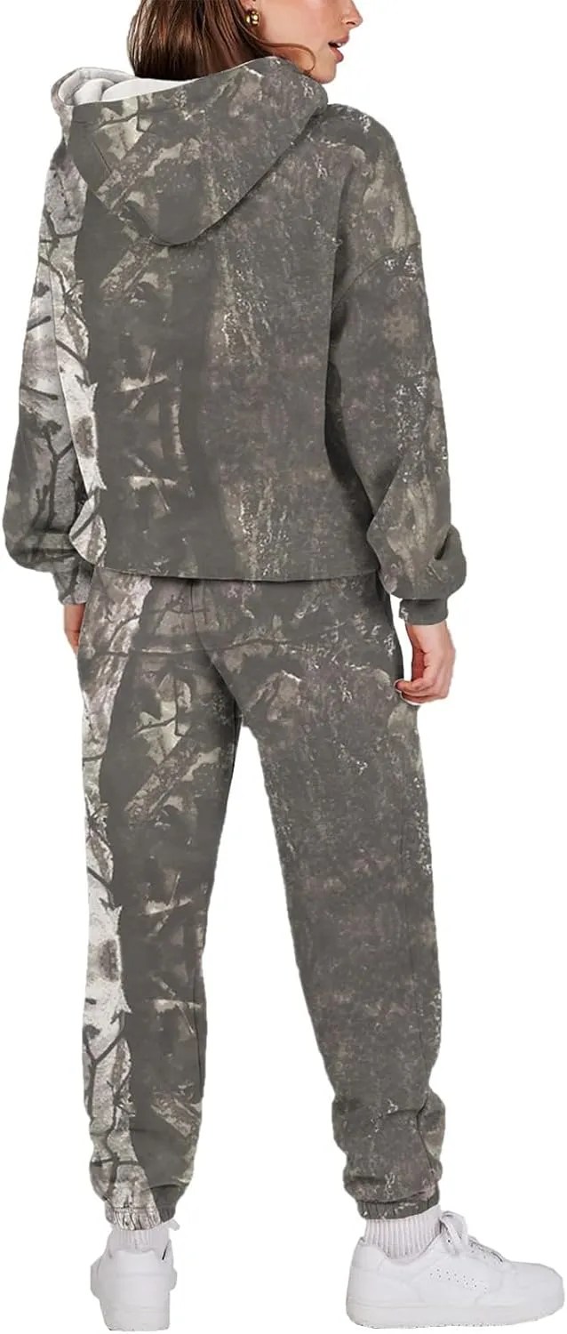 Sweat Suits for Womens Camo Hoodie 2 Piece Long Sleeve Camo Sweatshirt Wide Leg Sweatpants Track Suit Y2k Hoodies