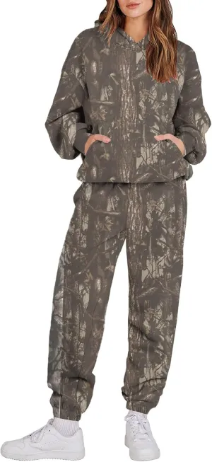 Sweat Suits for Womens Camo Hoodie 2 Piece Long Sleeve Camo Sweatshirt Wide Leg Sweatpants Track Suit Y2k Hoodies