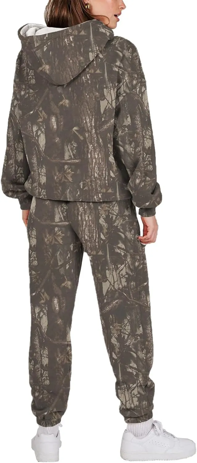 Sweat Suits for Womens Camo Hoodie 2 Piece Long Sleeve Camo Sweatshirt Wide Leg Sweatpants Track Suit Y2k Hoodies