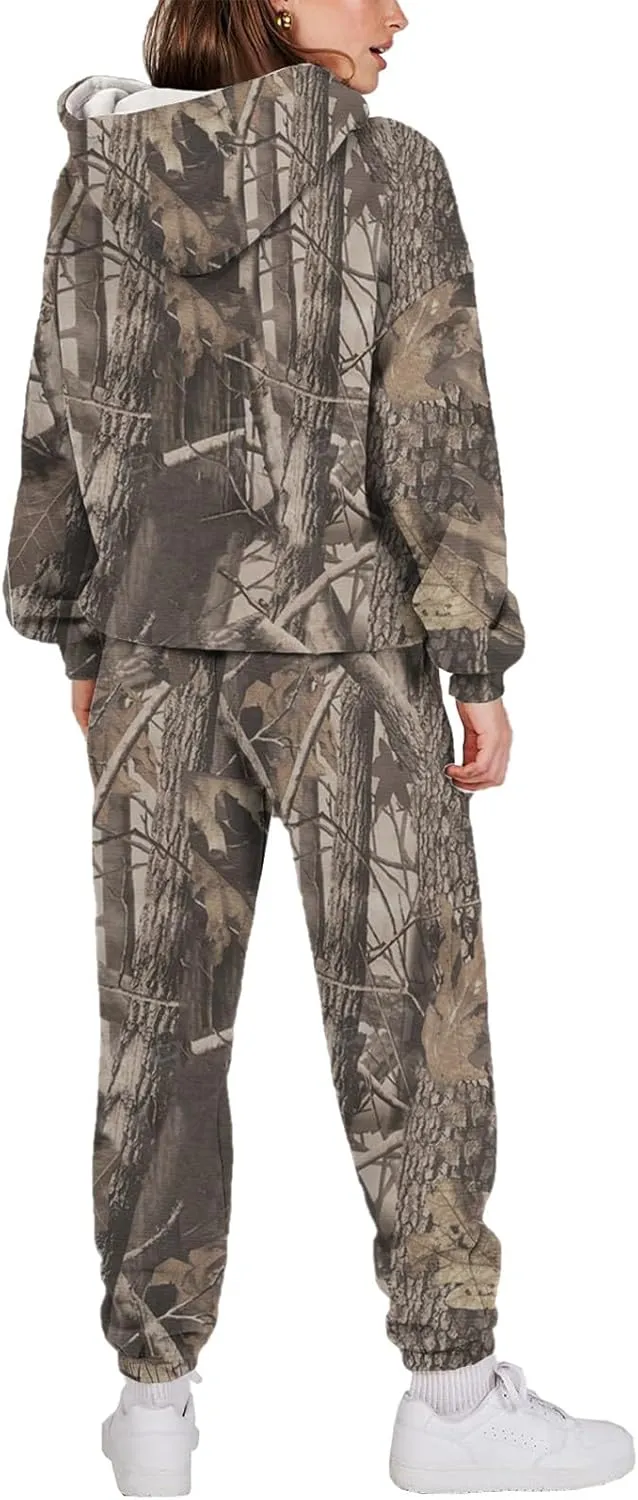 Sweat Suits for Womens Camo Hoodie 2 Piece Long Sleeve Camo Sweatshirt Wide Leg Sweatpants Track Suit Y2k Hoodies