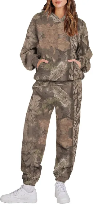Sweat Suits for Womens Camo Hoodie 2 Piece Long Sleeve Camo Sweatshirt Wide Leg Sweatpants Track Suit Y2k Hoodies