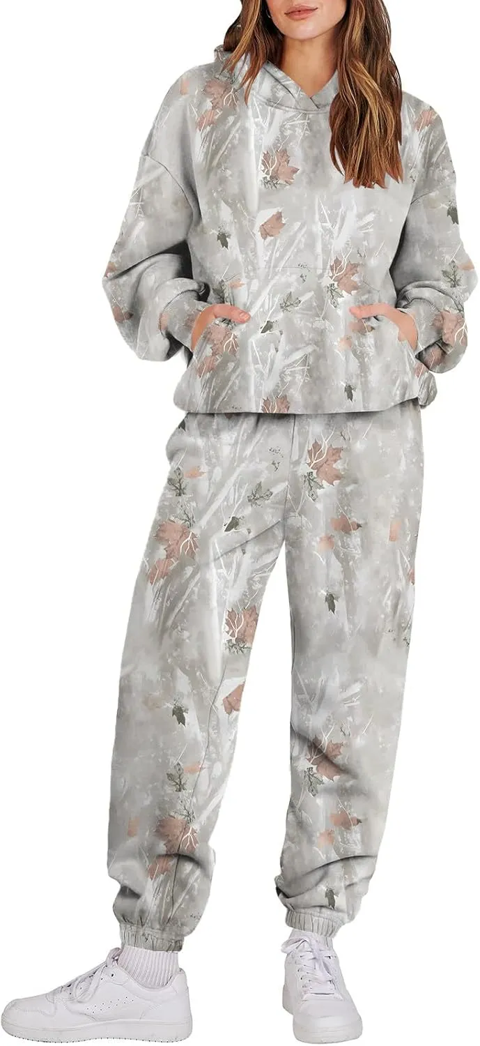 Sweat Suits for Womens Camo Hoodie 2 Piece Long Sleeve Camo Sweatshirt Wide Leg Sweatpants Track Suit Y2k Hoodies