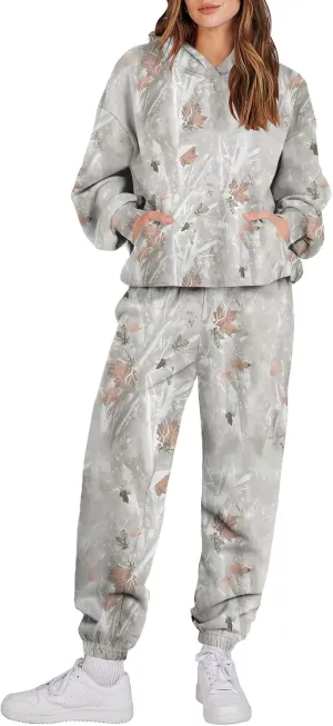 Sweat Suits for Womens Camo Hoodie 2 Piece Long Sleeve Camo Sweatshirt Wide Leg Sweatpants Track Suit Y2k Hoodies