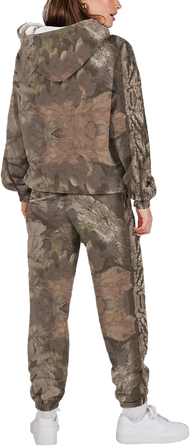 Sweat Suits for Womens Camo Hoodie 2 Piece Long Sleeve Camo Sweatshirt Wide Leg Sweatpants Track Suit Y2k Hoodies