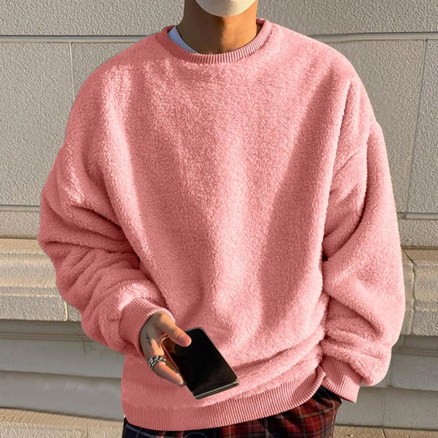 Sweatshirts for Men Long Sleeve Crew Neck Solid Color Casual Basic Warmth Pullover Soft Fall Winter Fleece Trendy Sweater Top