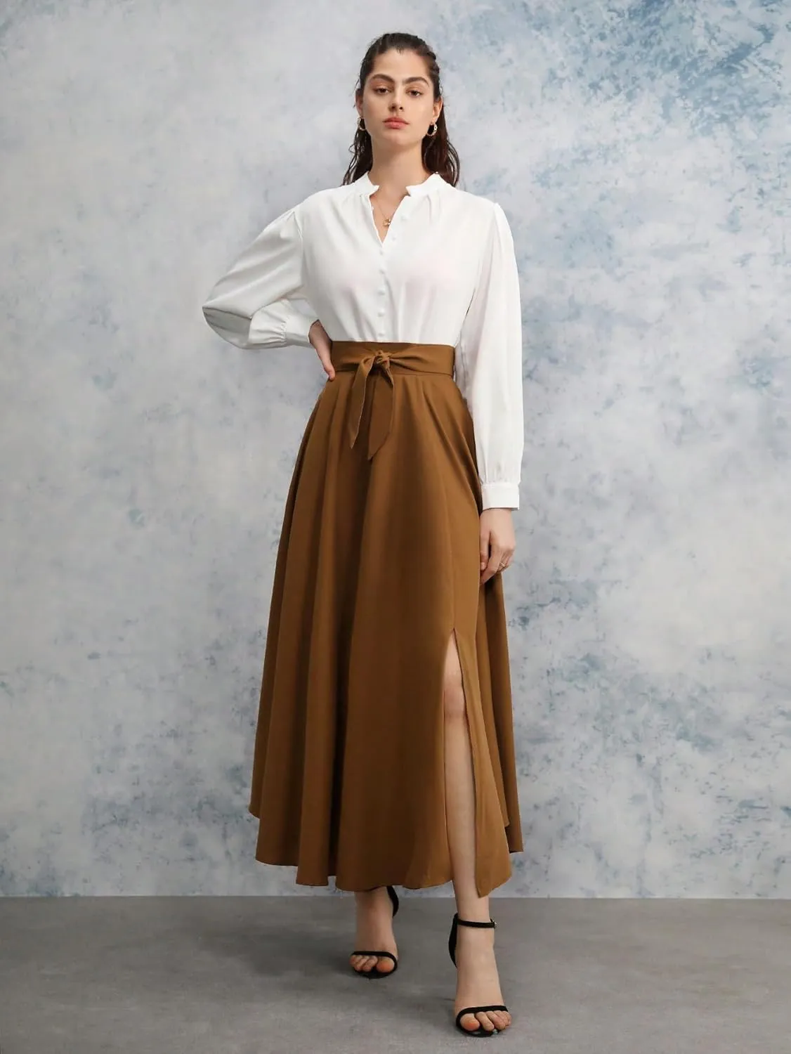 SweatyRocks Women's High Waist Split Thigh Belted Skirt Elegant A Line Long Skirts