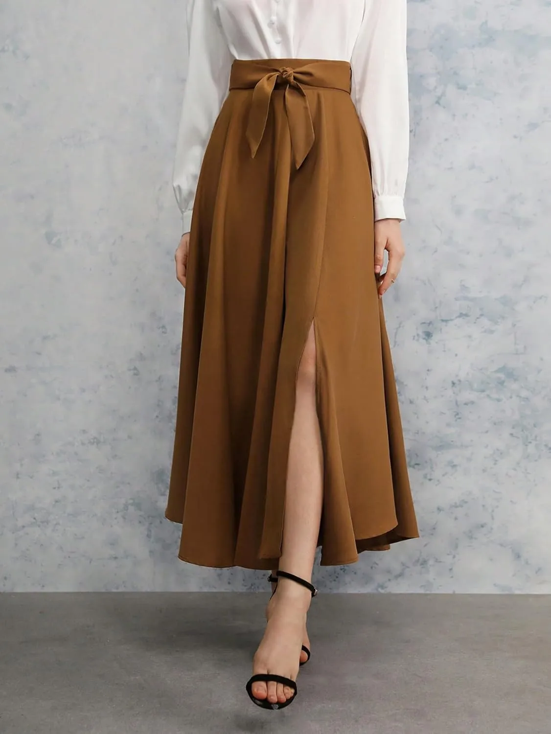 SweatyRocks Women's High Waist Split Thigh Belted Skirt Elegant A Line Long Skirts
