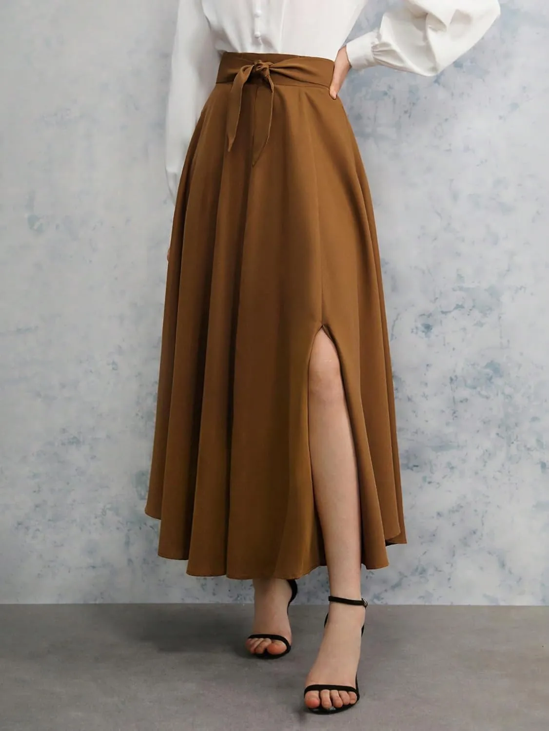 SweatyRocks Women's High Waist Split Thigh Belted Skirt Elegant A Line Long Skirts