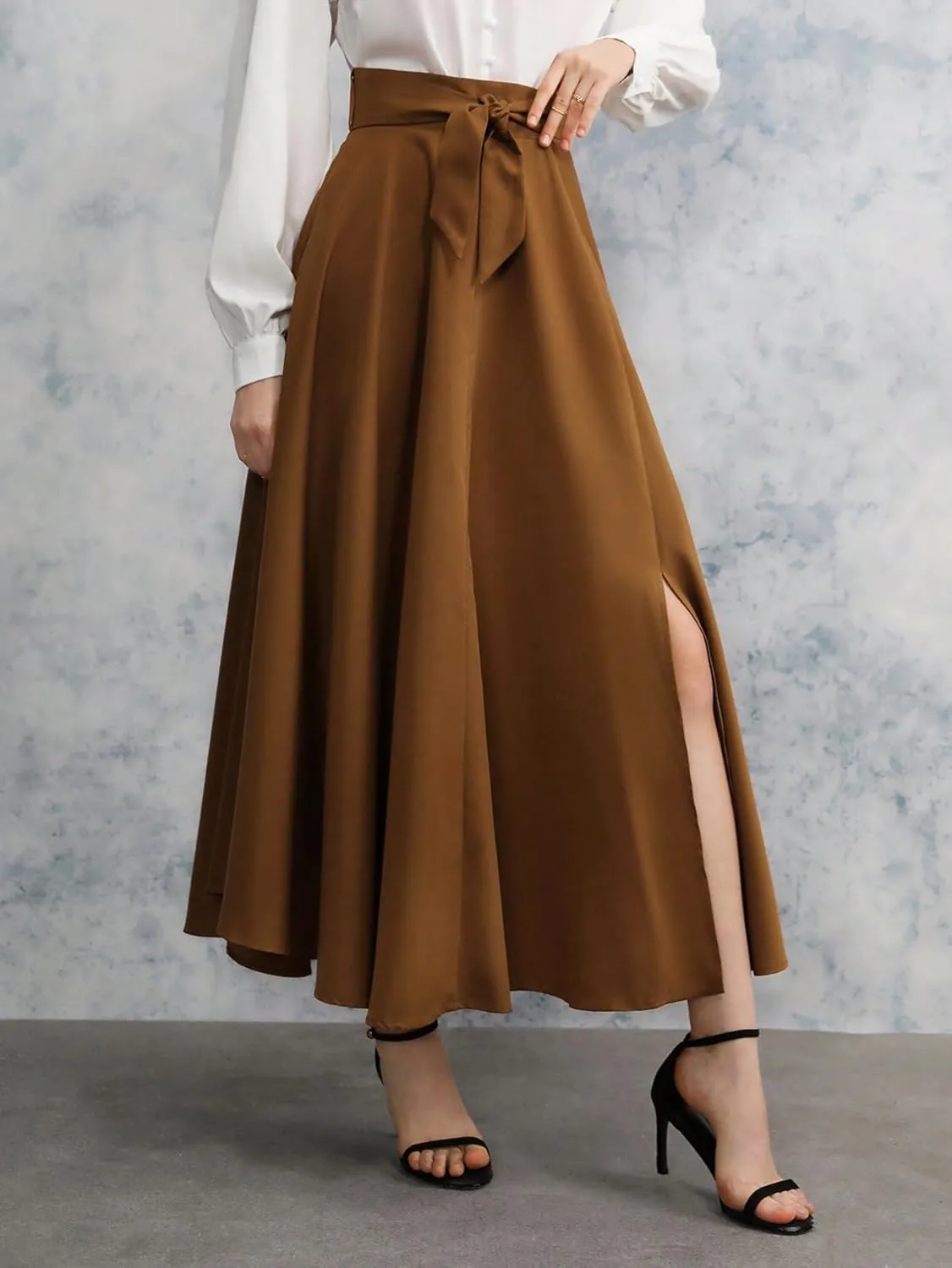 SweatyRocks Women's High Waist Split Thigh Belted Skirt Elegant A Line Long Skirts