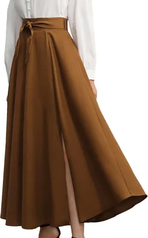 SweatyRocks Women's High Waist Split Thigh Belted Skirt Elegant A Line Long Skirts
