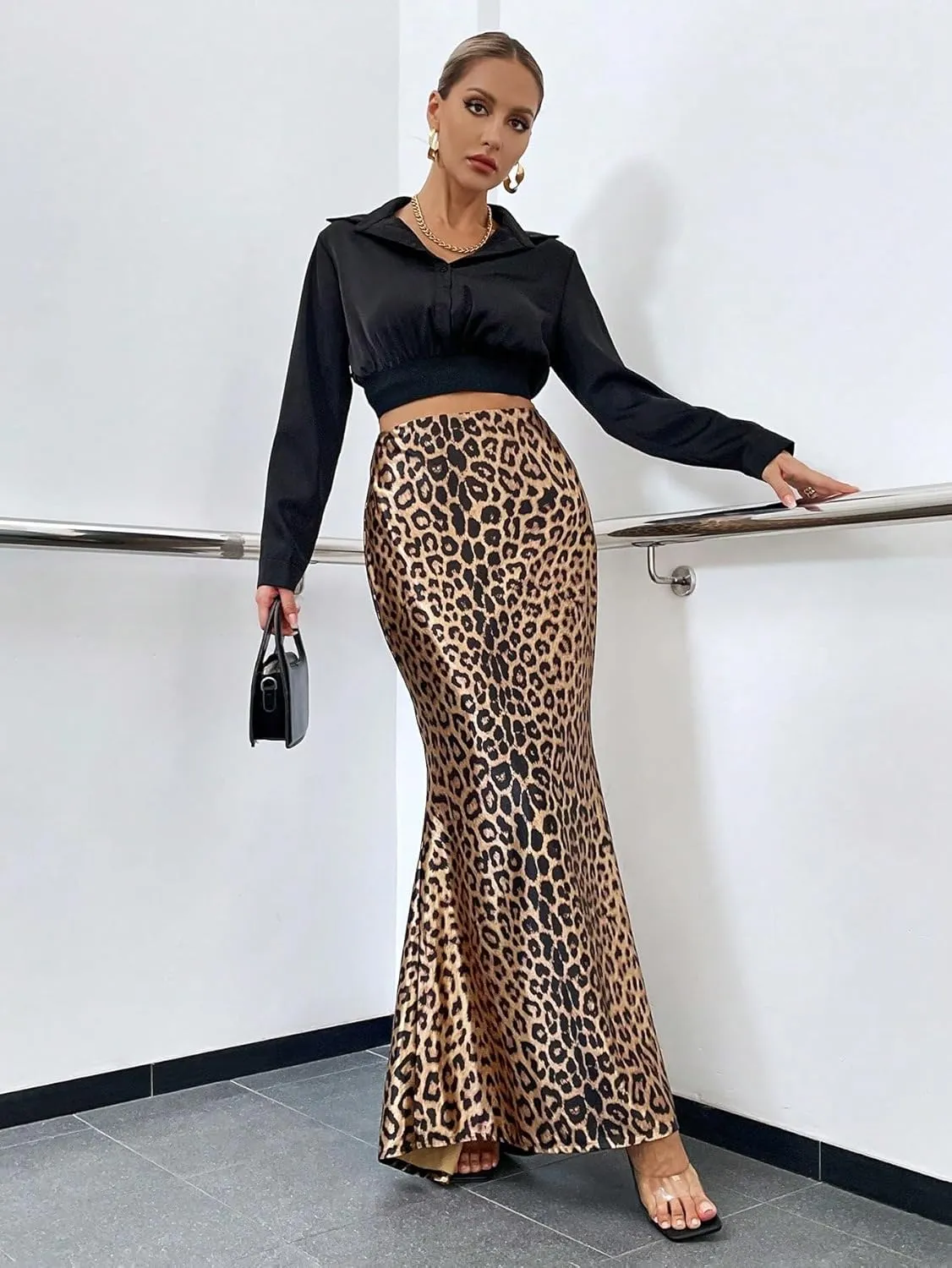 SweatyRocks Women's Leopard Print High Waist Maxi Skirt Elegant Skinny Long Skirts