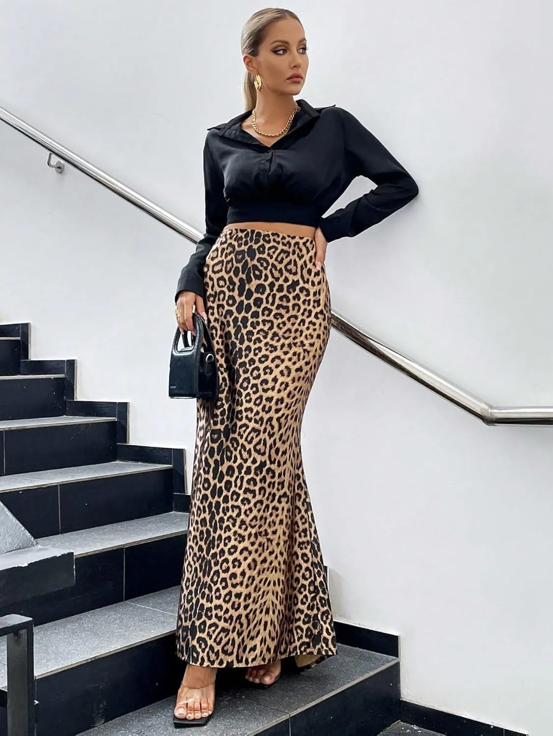 SweatyRocks Women's Leopard Print High Waist Maxi Skirt Elegant Skinny Long Skirts