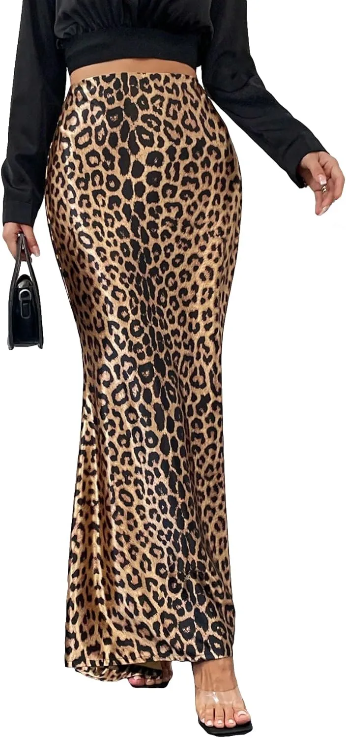 SweatyRocks Women's Leopard Print High Waist Maxi Skirt Elegant Skinny Long Skirts