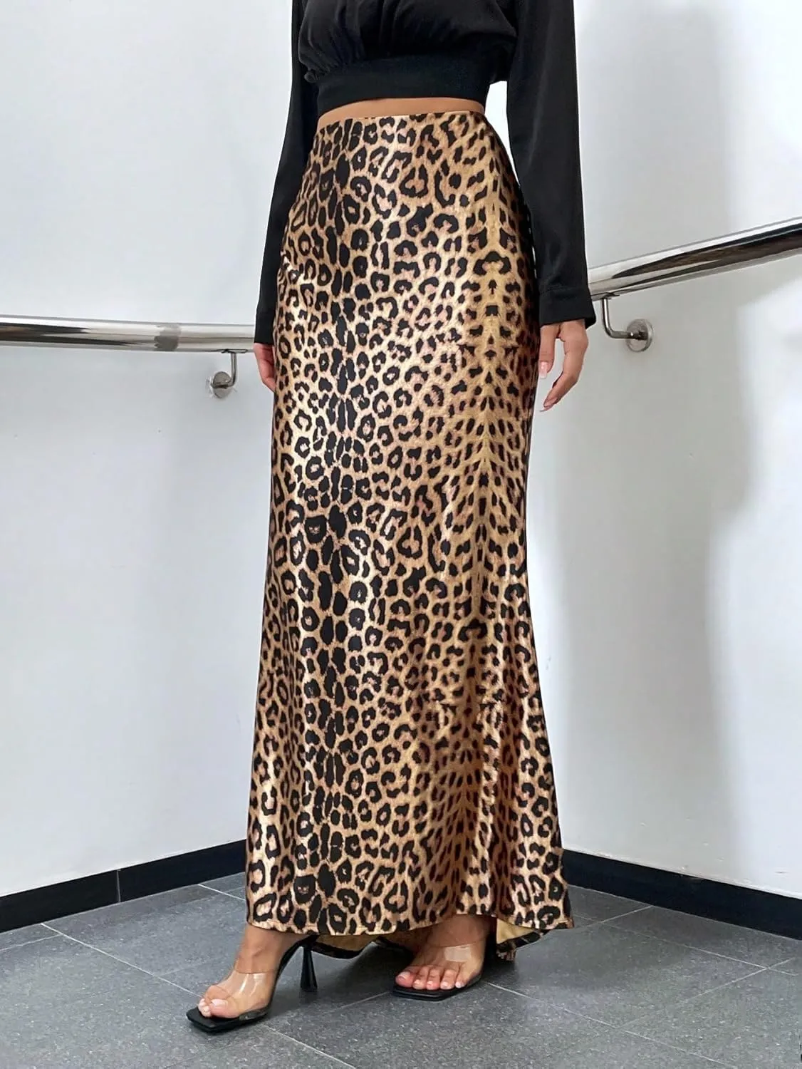 SweatyRocks Women's Leopard Print High Waist Maxi Skirt Elegant Skinny Long Skirts
