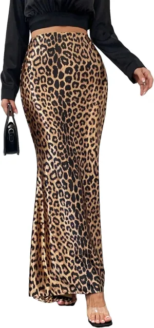 SweatyRocks Women's Leopard Print High Waist Maxi Skirt Elegant Skinny Long Skirts