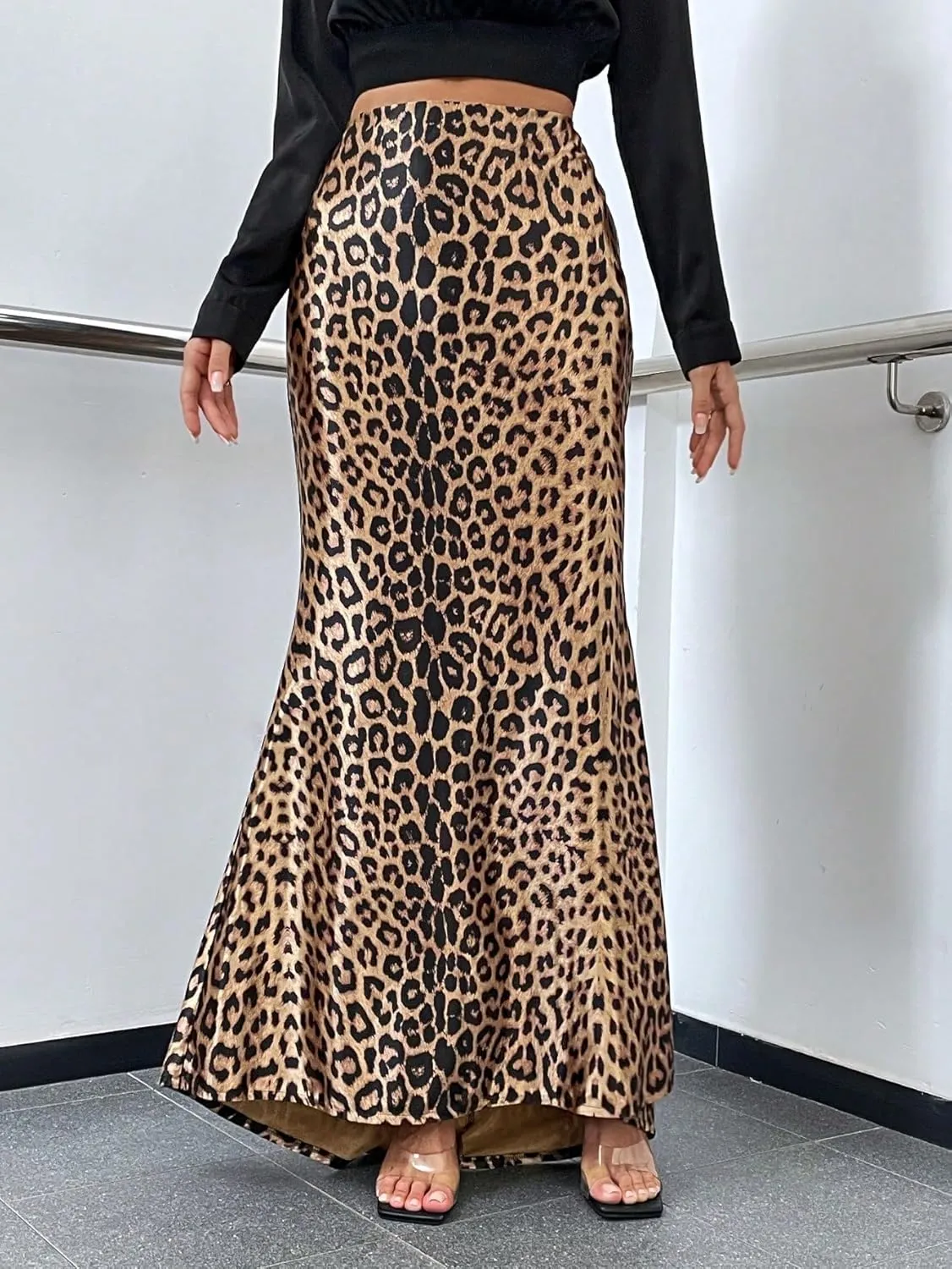 SweatyRocks Women's Leopard Print High Waist Maxi Skirt Elegant Skinny Long Skirts