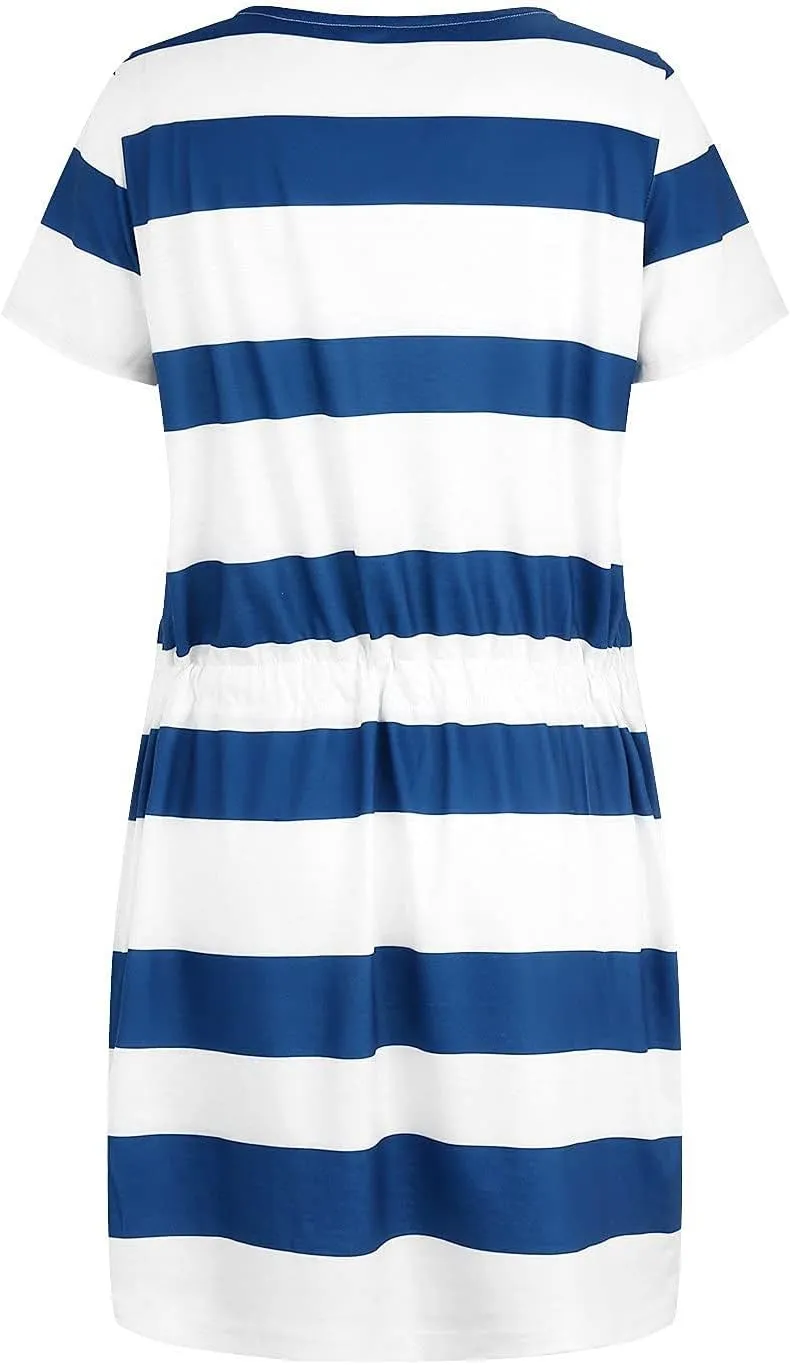 T Shirt Dresses for Women Striped Short Sleeve Tie Waist Mini Tshirt Dress Cute Summer Short Sundresses with Pockets