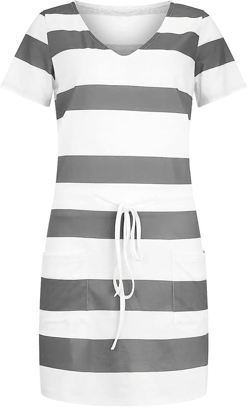 T Shirt Dresses for Women Striped Short Sleeve Tie Waist Mini Tshirt Dress Cute Summer Short Sundresses with Pockets