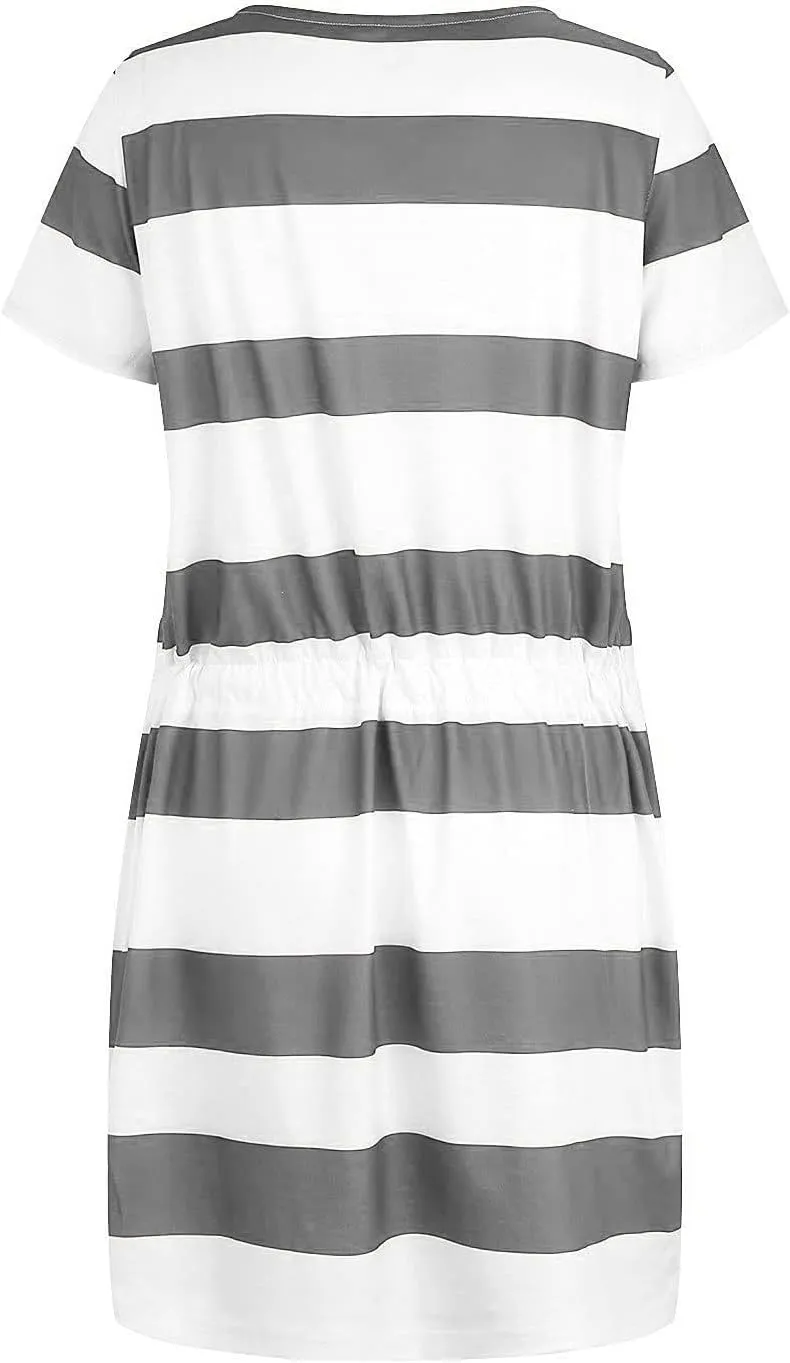 T Shirt Dresses for Women Striped Short Sleeve Tie Waist Mini Tshirt Dress Cute Summer Short Sundresses with Pockets