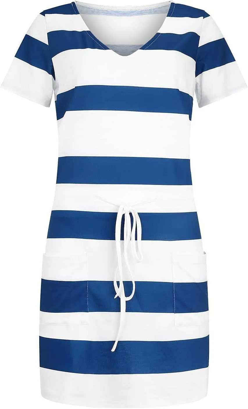 T Shirt Dresses for Women Striped Short Sleeve Tie Waist Mini Tshirt Dress Cute Summer Short Sundresses with Pockets