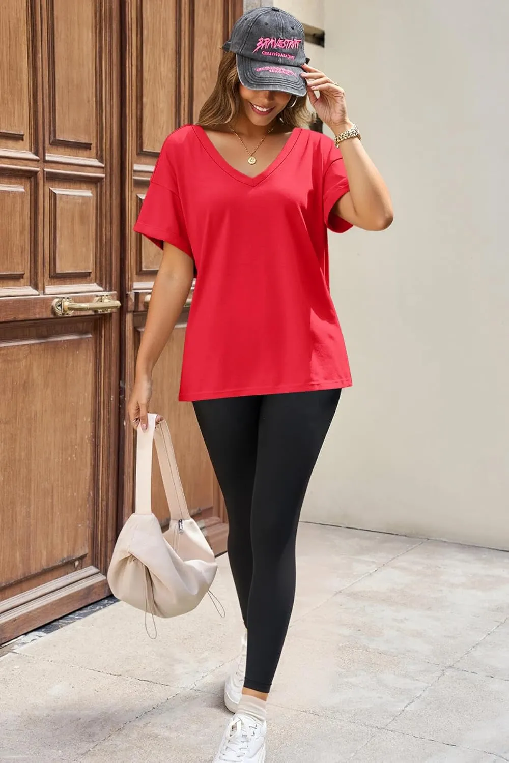 Tankaneo Womens Oversized Tshirts V Neck Short Sleeve Tops Summer Casual Loose Fit Tunic Tee Shirts