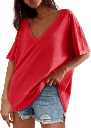 Tankaneo Womens Oversized Tshirts V Neck Short Sleeve Tops Summer Casual Loose Fit Tunic Tee Shirts