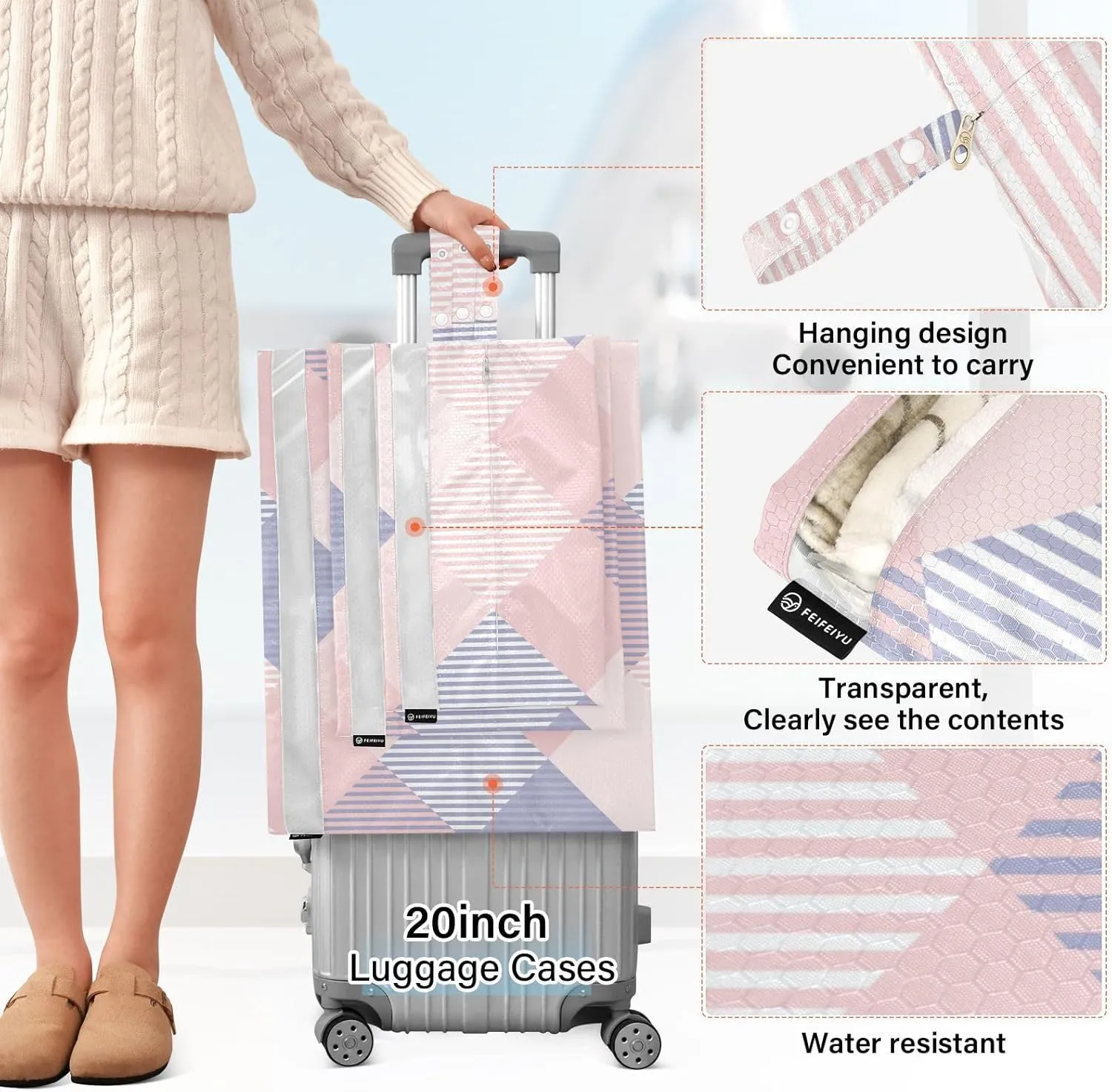 Tartan Plaid Blue Pink 3 Set Travel Packing Cubes For Suitcases, Foldable, Garment Bag Closet Storage, Luggage Space Saver, Luggages Management Personnel