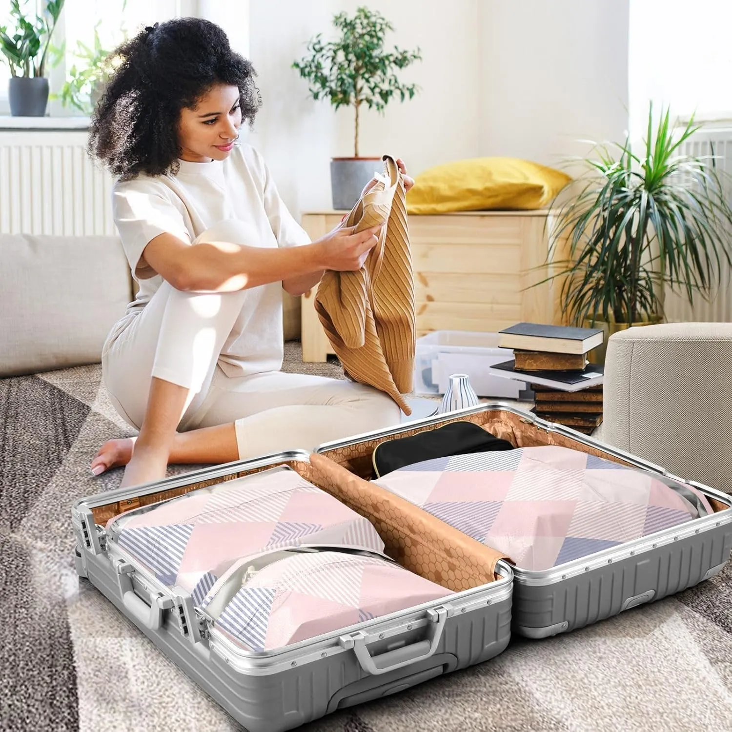 Tartan Plaid Blue Pink 3 Set Travel Packing Cubes For Suitcases, Foldable, Garment Bag Closet Storage, Luggage Space Saver, Luggages Management Personnel