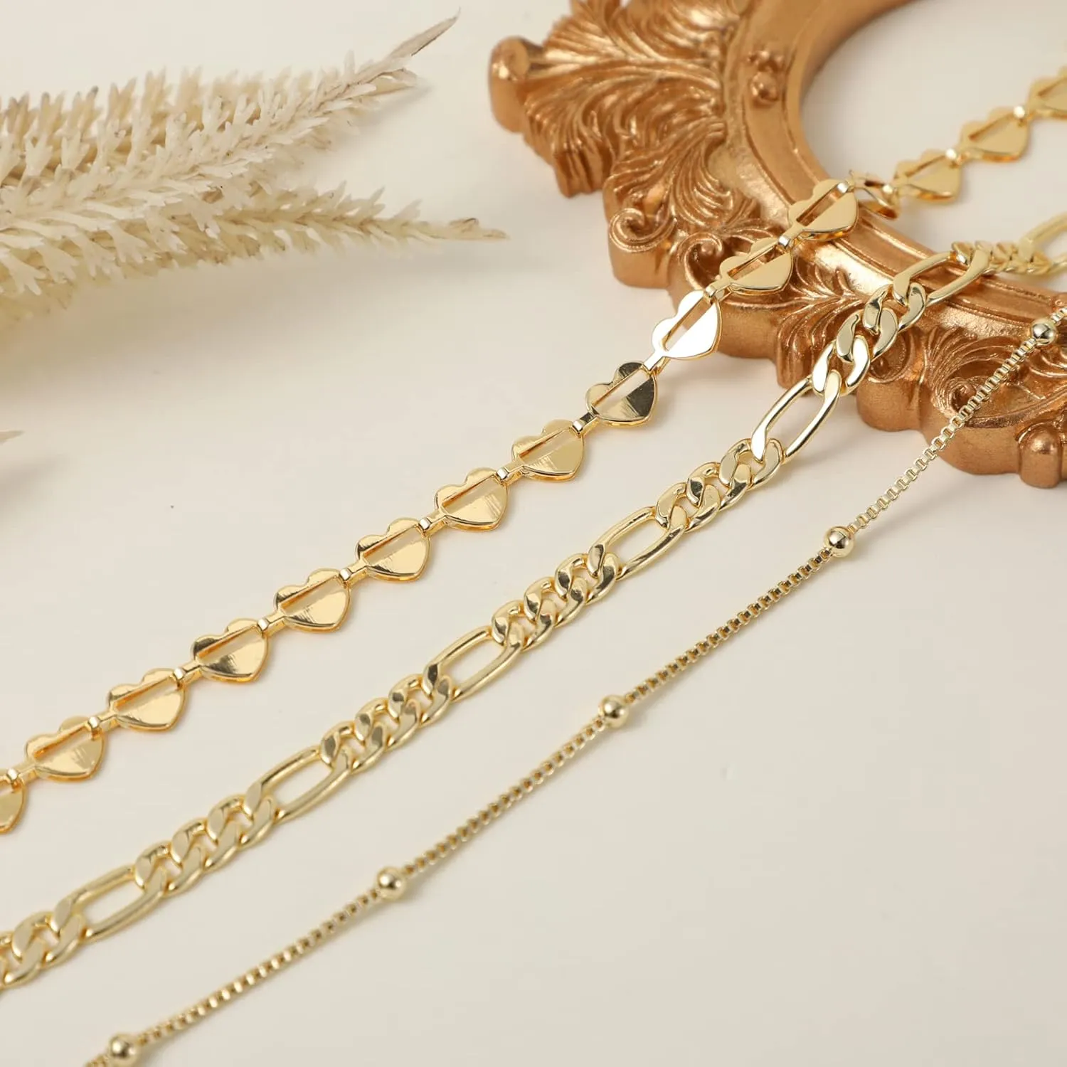 Tasiso Gold Bracelets for Women 14K Gold Jewelry for Women Cute Heart Beaded Bracelets for Women Lip Cuban Link Paperclip Chain Anklet Dainty Bracelet Pack Gifts for Women Girls