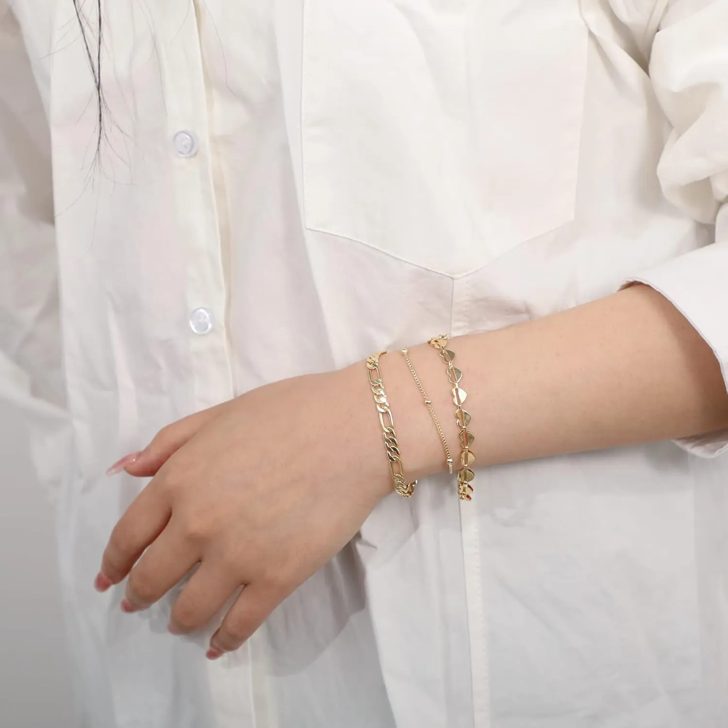 Tasiso Gold Bracelets for Women 14K Gold Jewelry for Women Cute Heart Beaded Bracelets for Women Lip Cuban Link Paperclip Chain Anklet Dainty Bracelet Pack Gifts for Women Girls