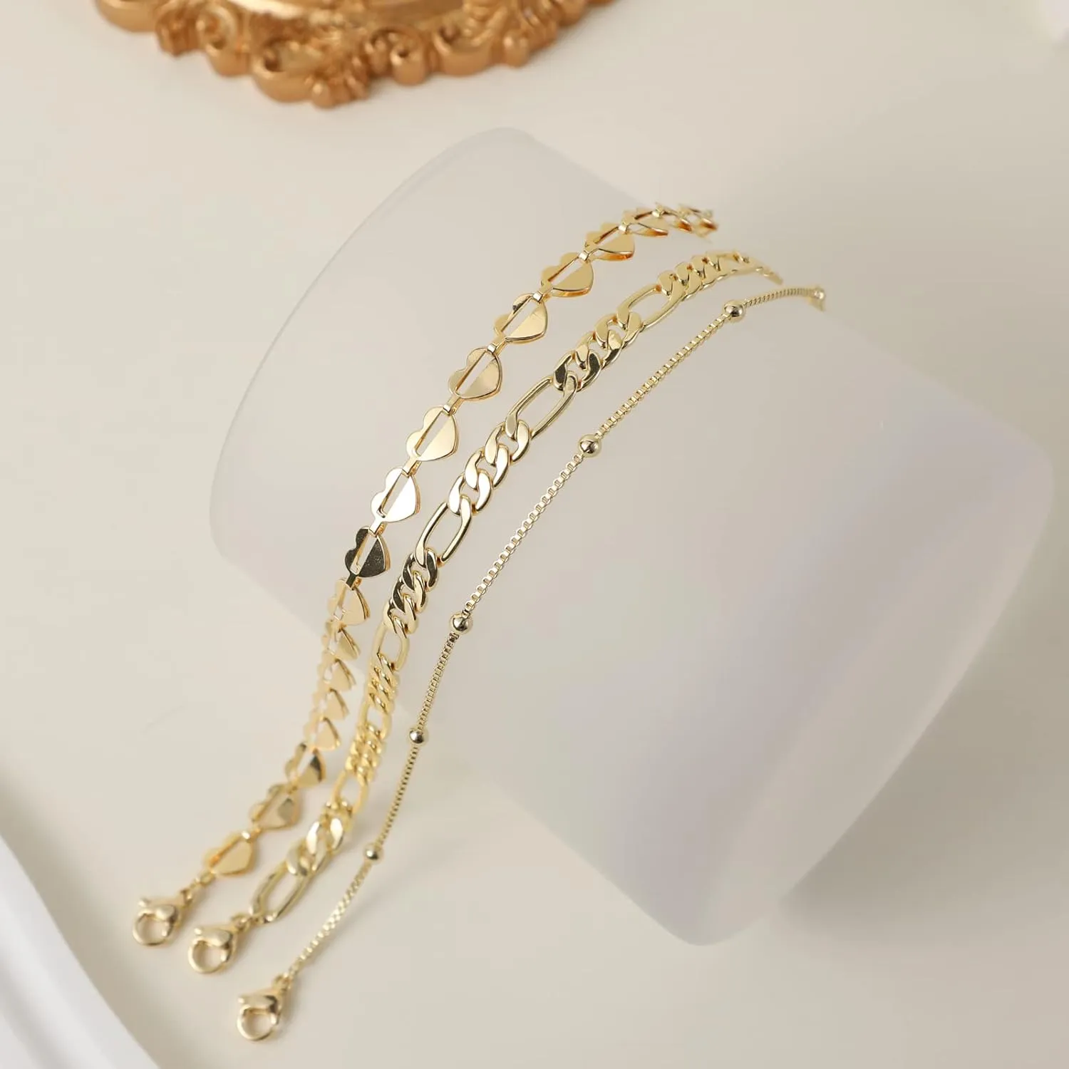 Tasiso Gold Bracelets for Women 14K Gold Jewelry for Women Cute Heart Beaded Bracelets for Women Lip Cuban Link Paperclip Chain Anklet Dainty Bracelet Pack Gifts for Women Girls