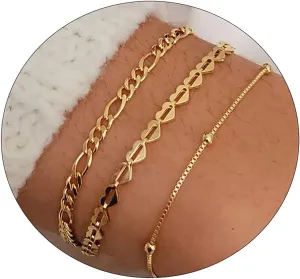 Tasiso Gold Bracelets for Women 14K Gold Jewelry for Women Cute Heart Beaded Bracelets for Women Lip Cuban Link Paperclip Chain Anklet Dainty Bracelet Pack Gifts for Women Girls