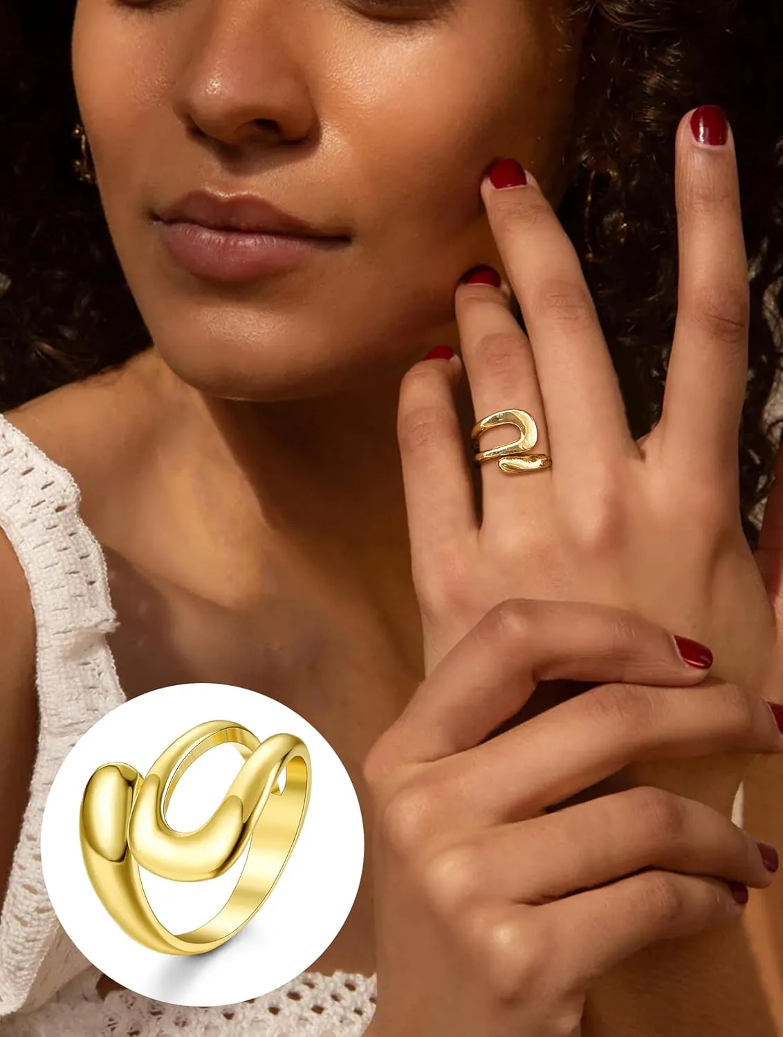 THUNARAZ 12 PCS Stackable Gold Rings for Women Adjustable Open Chunky Rings,14K Gold Plated Twisted Round Signet Rings for Gift