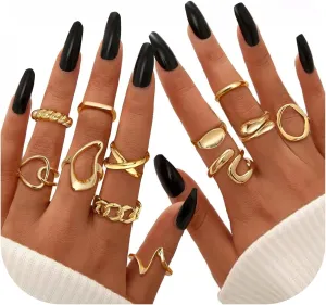 THUNARAZ 12 PCS Stackable Gold Rings for Women Adjustable Open Chunky Rings,14K Gold Plated Twisted Round Signet Rings for Gift