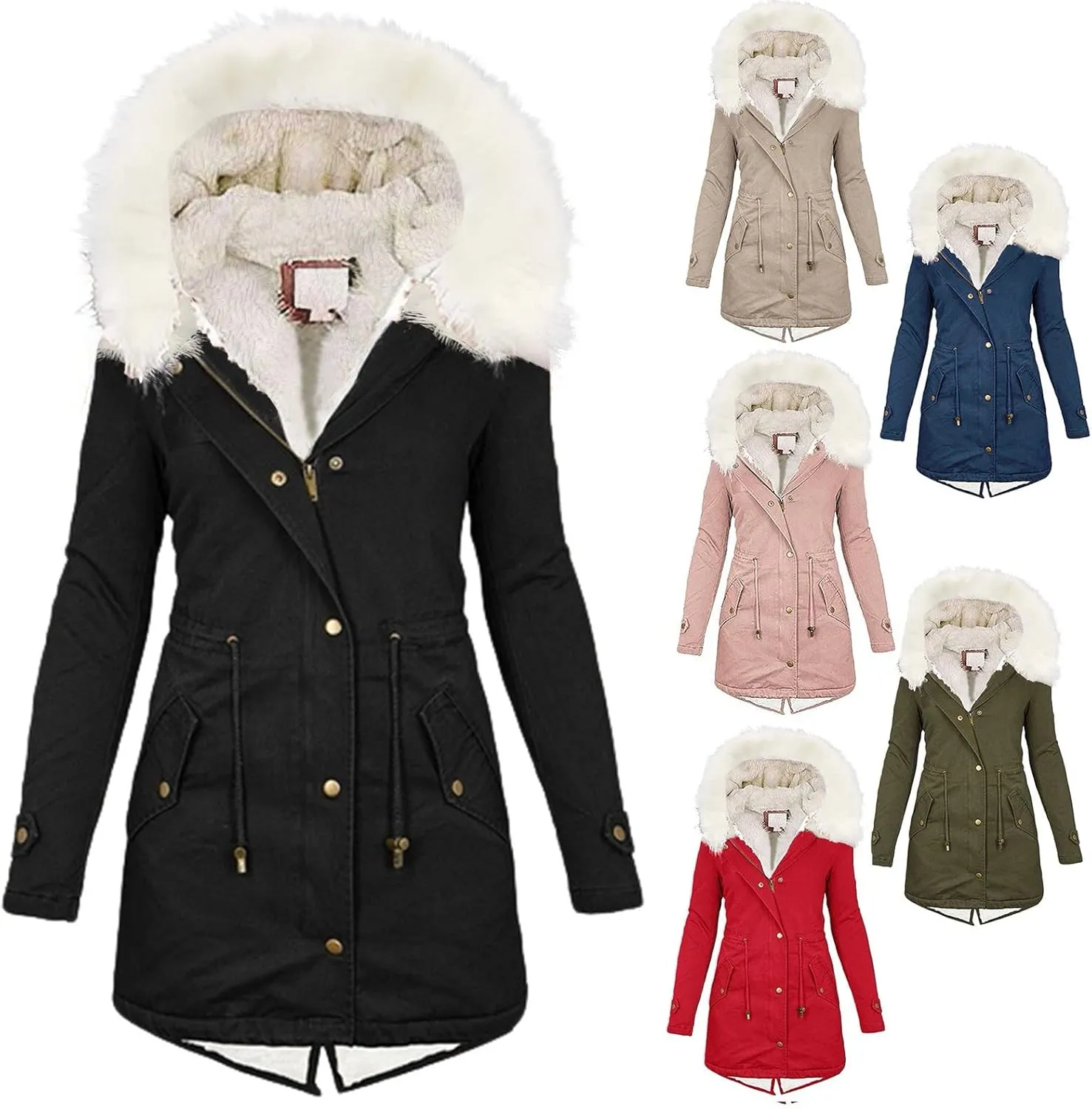 TIMIFIS Winter Jackets for Women Warm Thick Coats with Fur Hood Slim Down Coat Solid Color Outerwear Tops with Pockets