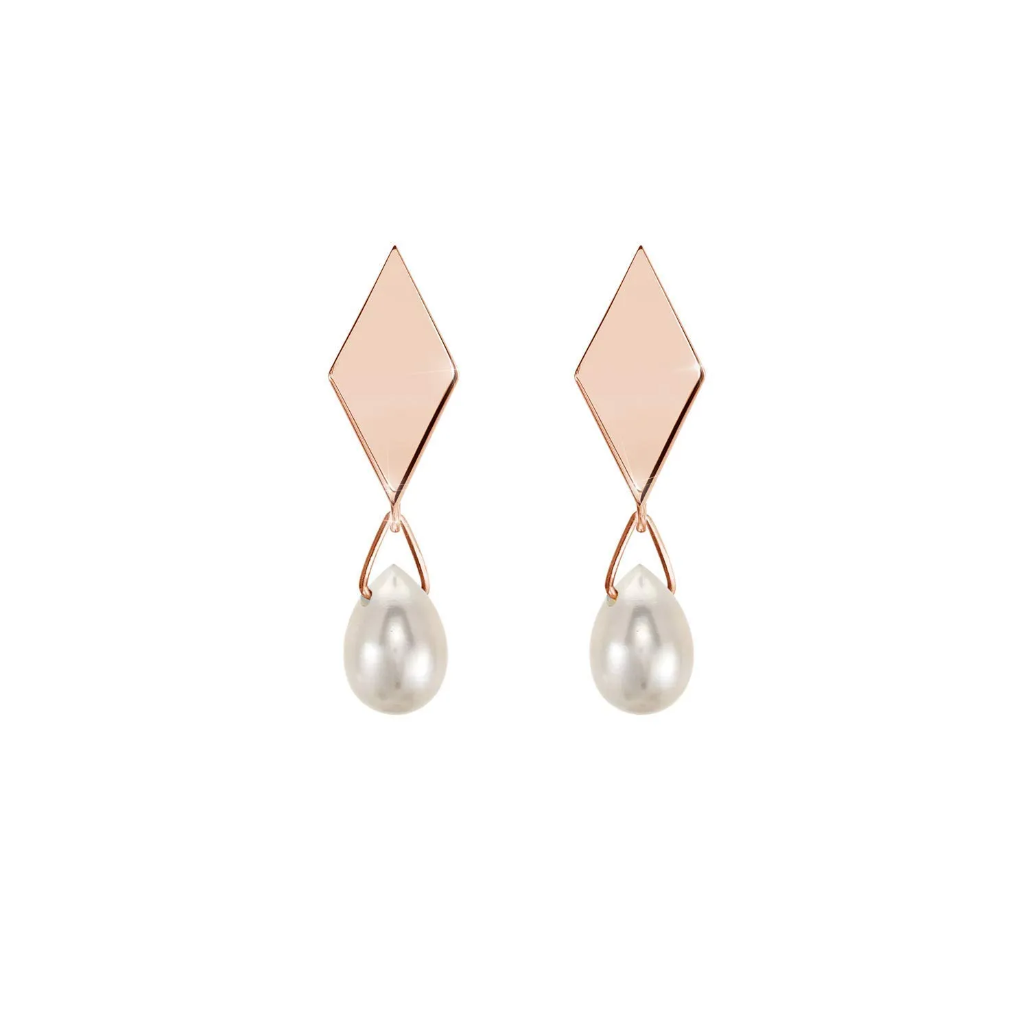 Tiny White Pearl Earrings, Rhombus Studs with Small Dangling Pearl Drop, 9K 14K 18K Gold Earrings, Rose Solid Gold, June Birthstone, Birthday Gift/code: 0.002