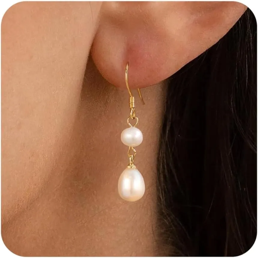 TOBENY Pearl Earrings for Women Trendy Dainty 14K Gold Plated Pearl Dangle Earrings Statement White Pearl Drop Earrings Dangling Bridal Wedding Huggie Hoop Earrings for Women Gifts Jewelry