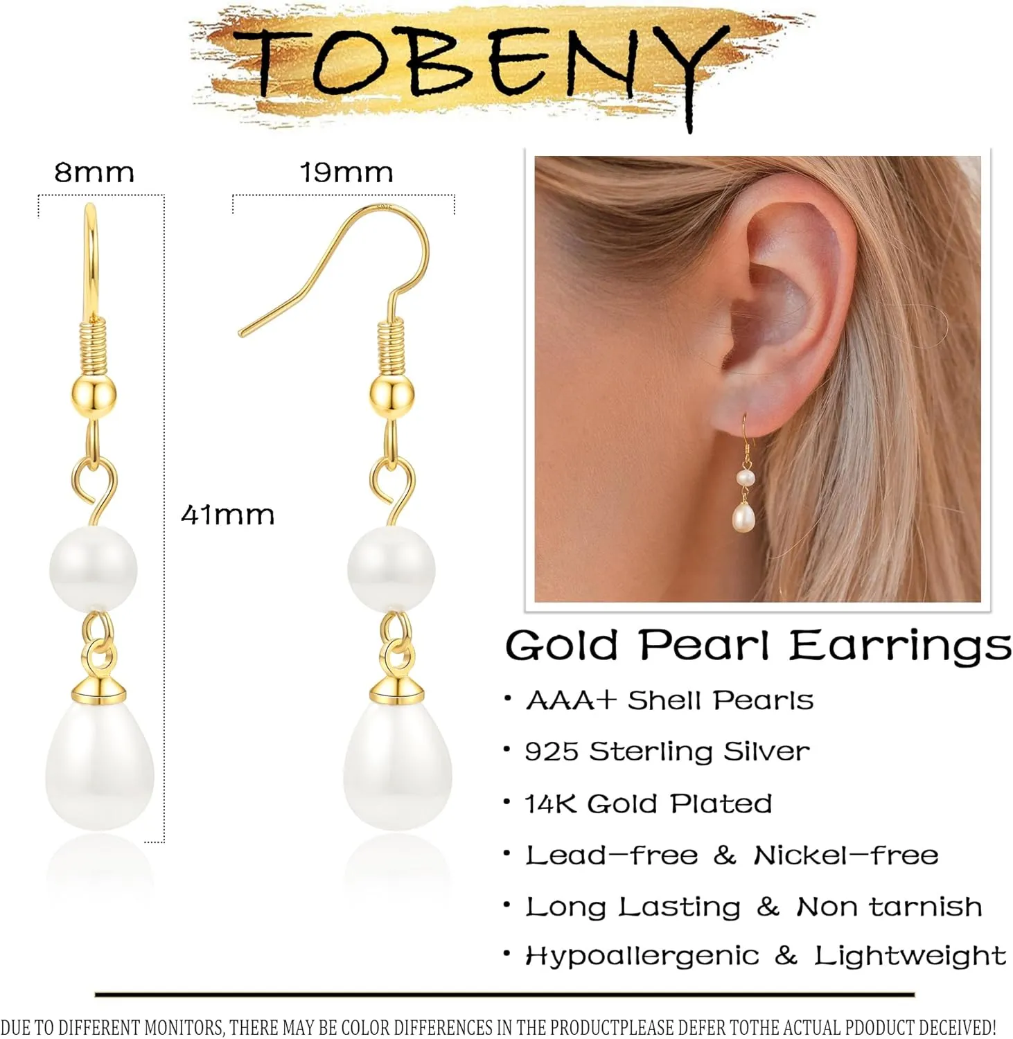 TOBENY Pearl Earrings for Women Trendy Dainty 14K Gold Plated Pearl Dangle Earrings Statement White Pearl Drop Earrings Dangling Bridal Wedding Huggie Hoop Earrings for Women Gifts Jewelry
