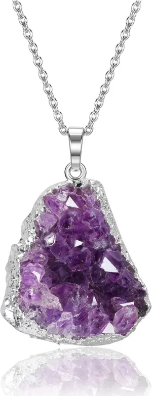 Top Plaza Raw Amethyst Healing Crystal Stone Necklaces for Women Men Irregular Mini Amethyst Cluster Druzy Pendant Necklaces Natural Amethyst Gemstone Necklaces Quartz Jewelry