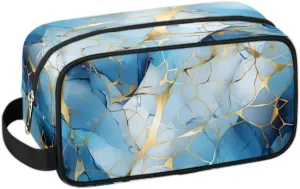 Travel Toiletry Bag for Women Men Blue Golden Marble Hanging Cosmetic Bag Waterproof Makeup Bag for Shaving Makeup Toothbrush & Travel Essentials